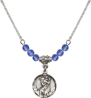 18" Rhodium Plated Necklace with 4mm Sapphire Crystal Beads featuring a Sterling Silver Saint Christopher Medal. Engraved Catholic Saint Jewelry