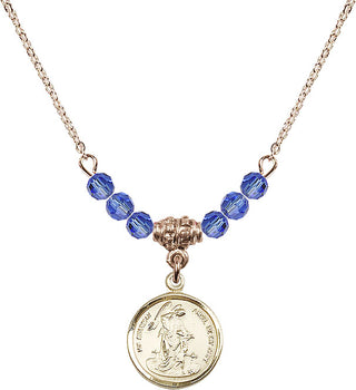 18" Hamilton Gold Plated Necklace with 4mm Sapphire Crystal Beads featuring a 14kt Gold Filled Guardian Angel Medal. Engraved Catholic Saint Jewelry