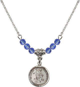 18" Rhodium Plated Necklace with 4mm Sapphire Crystal Beads featuring a Sterling Silver Guardian Angel Medal. Engraved Catholic Saint Jewelry