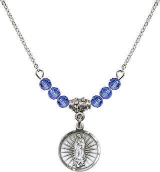 18" Rhodium Plated Necklace with 4mm Sapphire Crystal Beads featuring a Sterling Silver Our Lady of Guadalupe Medal. Engraved Catholic Saint Jewelry