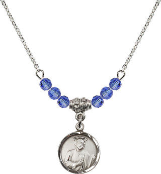 18" Rhodium Plated Necklace with 4mm Sapphire Crystal Beads featuring a Sterling Silver Saint Jude Medal. Engraved Catholic Saint Jewelry