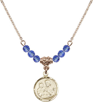 18" Hamilton Gold Plated Necklace with 4mm Sapphire Crystal Beads featuring a 14kt Gold Filled Saint Joseph Medal. Engraved Catholic Saint Jewelry