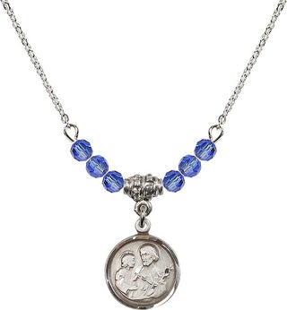 18" Rhodium Plated Necklace with 4mm Sapphire Crystal Beads featuring a Sterling Silver Saint Joseph Medal. Engraved Catholic Saint Jewelry