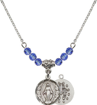 18" Rhodium Plated Necklace with 4mm Sapphire Crystal Beads featuring a Sterling Silver Miraculous Medal.