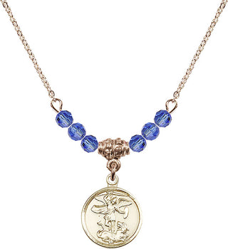 18" Hamilton Gold Plated Necklace with 4mm Sapphire Crystal Beads featuring a 14kt Gold Filled Saint Michael the Archangel Medal.