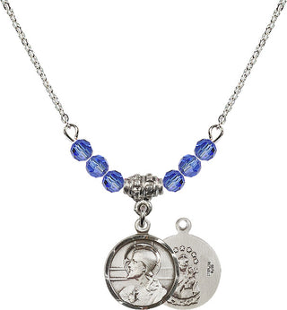18" Rhodium Plated Necklace with 4mm Sapphire Crystal Beads featuring a Sterling Silver Scapular Medal.