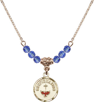 18" Hamilton Gold Plated Necklace with 4mm Sapphire Crystal Beads featuring a 14kt Gold Filled Confirmation Medal. Engraved Catholic Saint Jewelry