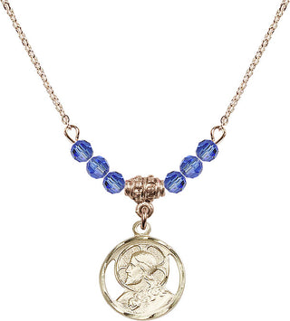 18" Hamilton Gold Plated Necklace with 4mm Sapphire Crystal Beads featuring a 14kt Gold Filled Scapular Medal.