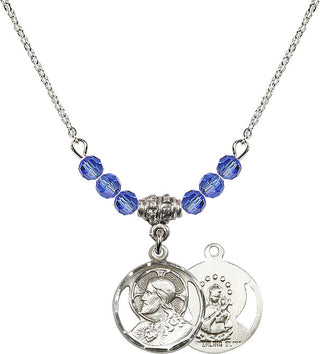 18" Rhodium Plated Necklace with 4mm Sapphire Crystal Beads featuring a Sterling Silver Scapular Medal.