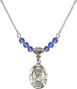 18" Rhodium Plated Necklace with 4mm Sapphire Crystal Beads featuring a Sterling Silver Saint Christopher Medal. Engraved Catholic Saint Jewelry