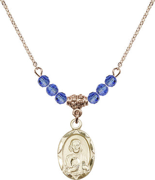 18" Hamilton Gold Plated Necklace with 4mm Sapphire Crystal Beads featuring a 14kt Gold Filled Saint Jude Medal. Engraved Catholic Saint Jewelry