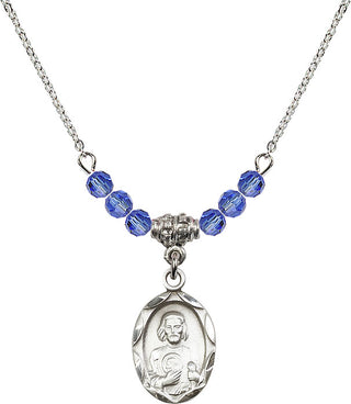 18" Rhodium Plated Necklace with 4mm Sapphire Crystal Beads featuring a Sterling Silver Saint Jude Medal. Engraved Catholic Saint Jewelry