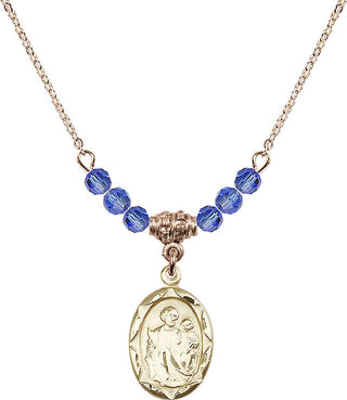 18" Hamilton Gold Plated Necklace with 4mm Sapphire Crystal Beads featuring a 14kt Gold Filled Saint Joseph Medal. Engraved Catholic Saint Jewelry
