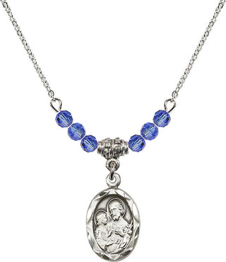 18" Rhodium Plated Necklace with 4mm Sapphire Crystal Beads featuring a Sterling Silver Saint Joseph Medal. Engraved Catholic Saint Jewelry