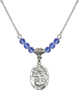 18" Rhodium Plated Necklace with 4mm Sapphire Crystal Beads featuring a Sterling Silver Saint Michael the Archangel Medal.