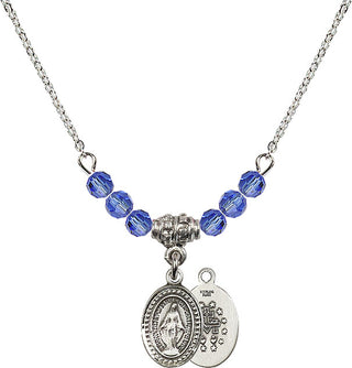 18" Rhodium Plated Necklace with 4mm Sapphire Crystal Beads featuring a Sterling Silver Miraculous Medal.