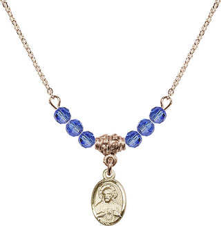 18" Hamilton Gold Plated Necklace with 4mm Sapphire Crystal Beads featuring a 14kt Gold Filled Scapular Medal.