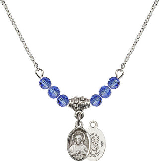 18" Rhodium Plated Necklace with 4mm Sapphire Crystal Beads featuring a Sterling Silver Scapular Medal.