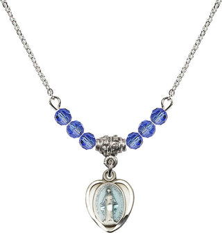 18" Rhodium Plated Necklace with 4mm Sapphire Crystal Beads featuring a Sterling Silver Miraculous Medal.
