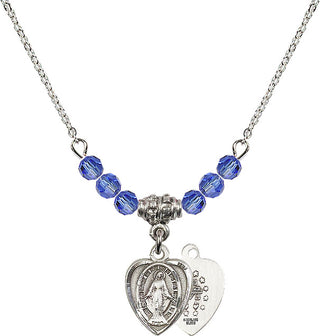 18" Rhodium Plated Necklace with 4mm Sapphire Crystal Beads featuring a Sterling Silver Miraculous Medal.