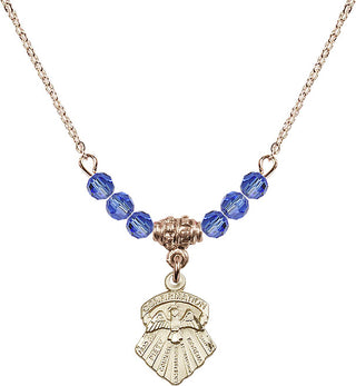 18" Hamilton Gold Plated Necklace with 4mm Sapphire Crystal Beads featuring a 14kt Gold Filled Seven Gifts Medal.