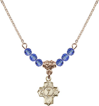 18" Hamilton Gold Plated Necklace with 4mm Sapphire Crystal Beads featuring a 14kt Gold Filled Communion 5-Way Medal.