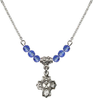 18" Rhodium Plated Necklace with 4mm Sapphire Crystal Beads featuring a Sterling Silver Communion 5-Way Medal.