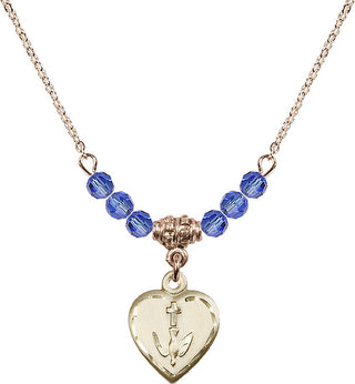 18" Hamilton Gold Plated Necklace with 4mm Sapphire Crystal Beads featuring a 14kt Gold Filled Heart / Confirmation Medal.