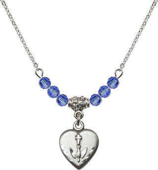 18" Rhodium Plated Necklace with 4mm Sapphire Crystal Beads featuring a Sterling Silver Heart / Confirmation Medal.