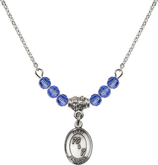 18" Rhodium Plated Necklace with 4mm Sapphire Crystal Beads featuring a Sterling Silver First Penance Medal.