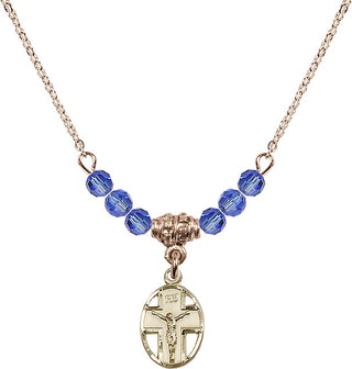 18" Hamilton Gold Plated Necklace with 4mm Sapphire Crystal Beads featuring a 14kt Gold Filled Crucifix Medal.