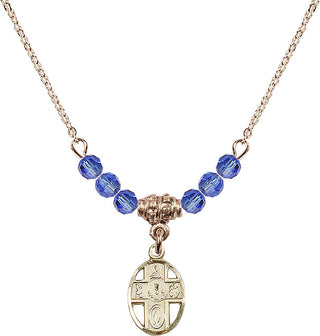 18" Hamilton Gold Plated Necklace with 4mm Sapphire Crystal Beads featuring a 14kt Gold Filled 5-Way / Chalice Medal.