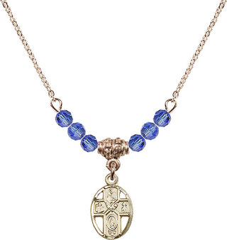 18" Hamilton Gold Plated Necklace with 4mm Sapphire Crystal Beads featuring a 14kt Gold Filled 5-Way Medal.