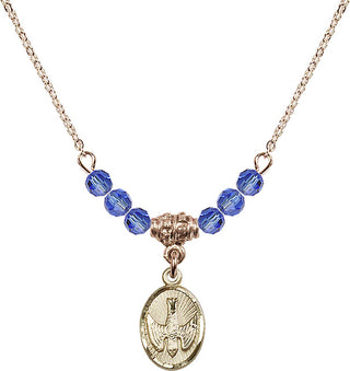 18" Hamilton Gold Plated Necklace with 4mm Sapphire Crystal Beads featuring a 14kt Gold Filled Holy Spirit Medal.
