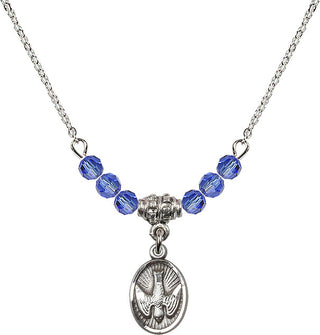 18" Rhodium Plated Necklace with 4mm Sapphire Crystal Beads featuring a Sterling Silver Holy Spirit Medal.