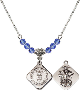 18" Rhodium Plated Necklace with 4mm Sapphire Crystal Beads featuring a Sterling Silver Air Force Diamond Medal.