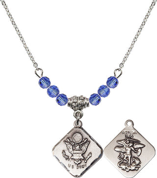 18" Rhodium Plated Necklace with 4mm Sapphire Crystal Beads featuring a Sterling Silver Army Diamond Medal.