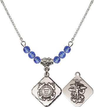 18" Rhodium Plated Necklace with 4mm Sapphire Crystal Beads featuring a Sterling Silver Coast Guard Diamond Medal.