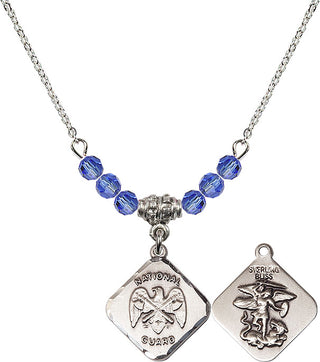 18" Rhodium Plated Necklace with 4mm Sapphire Crystal Beads featuring a Sterling Silver Nat'l Guard Diamond Medal.