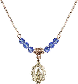 18" Hamilton Gold Plated Necklace with 4mm Sapphire Crystal Beads featuring a 14kt Gold Filled Miraculous Medal.