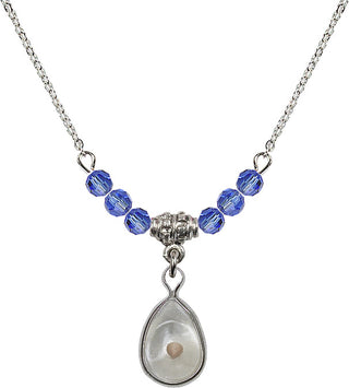 18" Rhodium Plated Necklace with 4mm Sapphire Crystal Beads featuring a Sterling Silver Mustard Seed Medal.