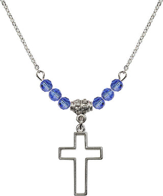 18" Rhodium Plated Necklace with 4mm Sapphire Crystal Beads featuring a Sterling Silver Cross Medal.