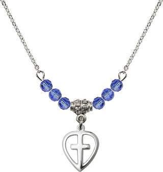 18" Rhodium Plated Necklace with 4mm Sapphire Crystal Beads featuring a Sterling Silver Heart / Cross Medal.