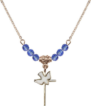 18" Hamilton Gold Plated Necklace with 4mm Sapphire Crystal Beads featuring a 14kt Gold Filled Cross / Holy Spirit Medal.