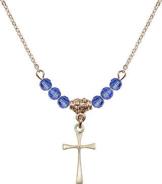 18" Hamilton Gold Plated Necklace with 4mm Sapphire Crystal Beads featuring a 14kt Gold Filled Maltese Cross Medal.