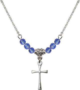 18" Rhodium Plated Necklace with 4mm Sapphire Crystal Beads featuring a Sterling Silver Maltese Cross Medal.