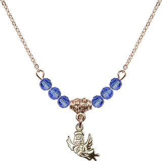 18" Hamilton Gold Plated Necklace with 4mm Sapphire Crystal Beads featuring a 14kt Gold Filled Guardian Angel Medal.
