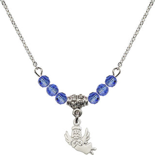 18" Rhodium Plated Necklace with 4mm Sapphire Crystal Beads featuring a Sterling Silver Guardian Angel Medal.