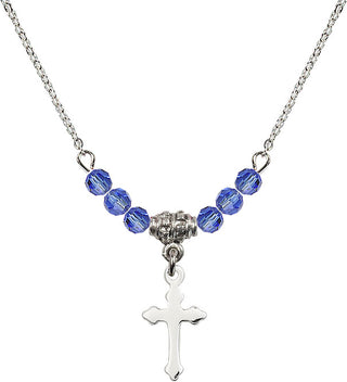 18" Rhodium Plated Necklace with 4mm Sapphire Crystal Beads featuring a Sterling Silver Cross Medal.