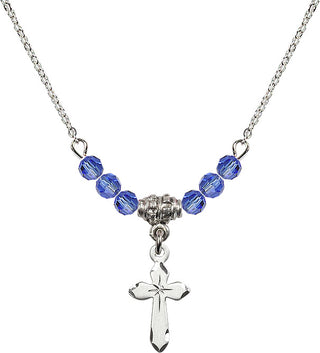 18" Rhodium Plated Necklace with 4mm Sapphire Crystal Beads featuring a Sterling Silver Cross Medal.